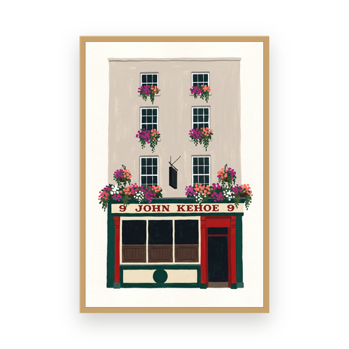 John Kehoe Dublin illustrated pub print in a slim oak frame on a white background