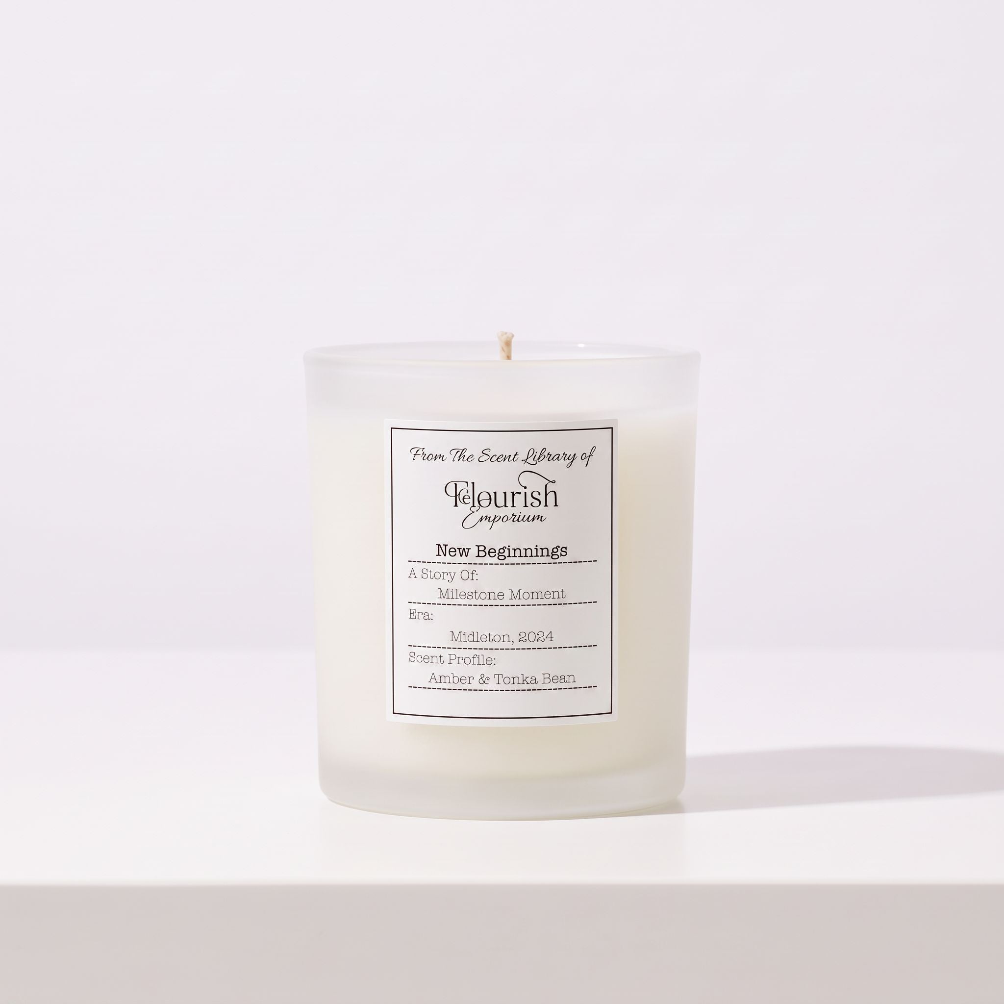 New Beginnings hand poured soy candle by Flourish Emporium, made in Midleton, Co. Cork, on a white table