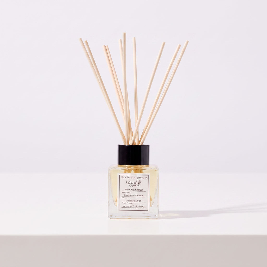 New Beginnings luxury reed diffuser by Flourish Emporium, made in Midleton, Co. Cork, on a white table