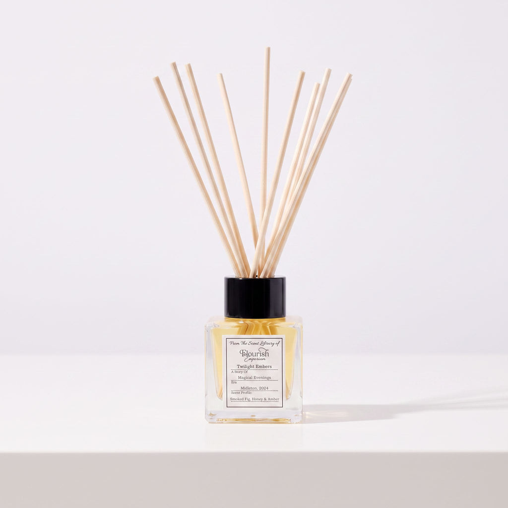 Twilight Embers luxury reed diffuser by Flourish Emporium, made in Midleton, Co. Cork, on a white table
