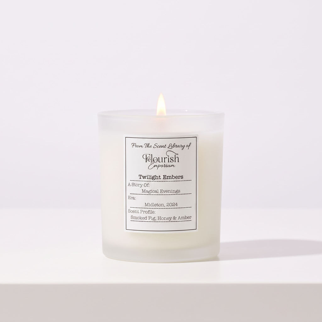 Twilight Embers hand poured soy candle by Flourish Emporium, made in Midleton, Co. Cork, on a white table