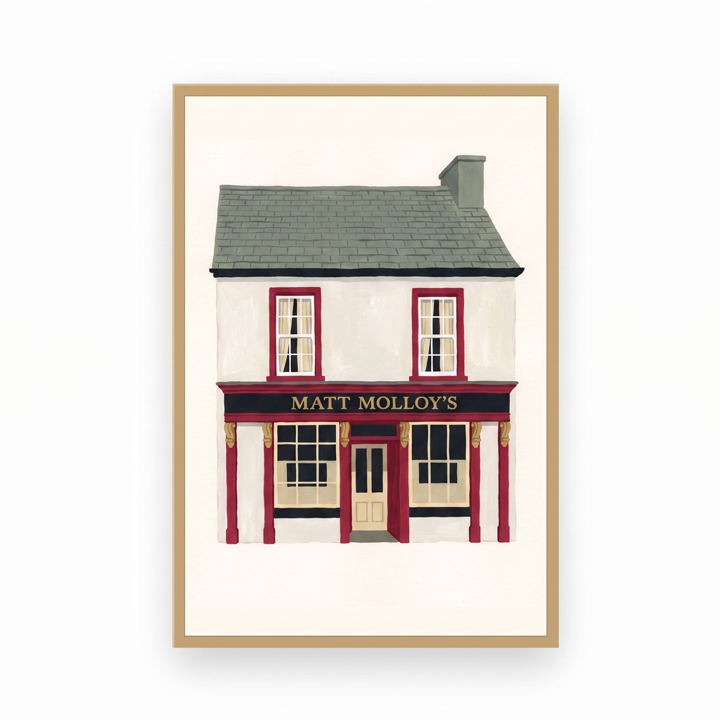 Matt Molloy's Westport pub print in a slim natural oak frame on a plain white background
