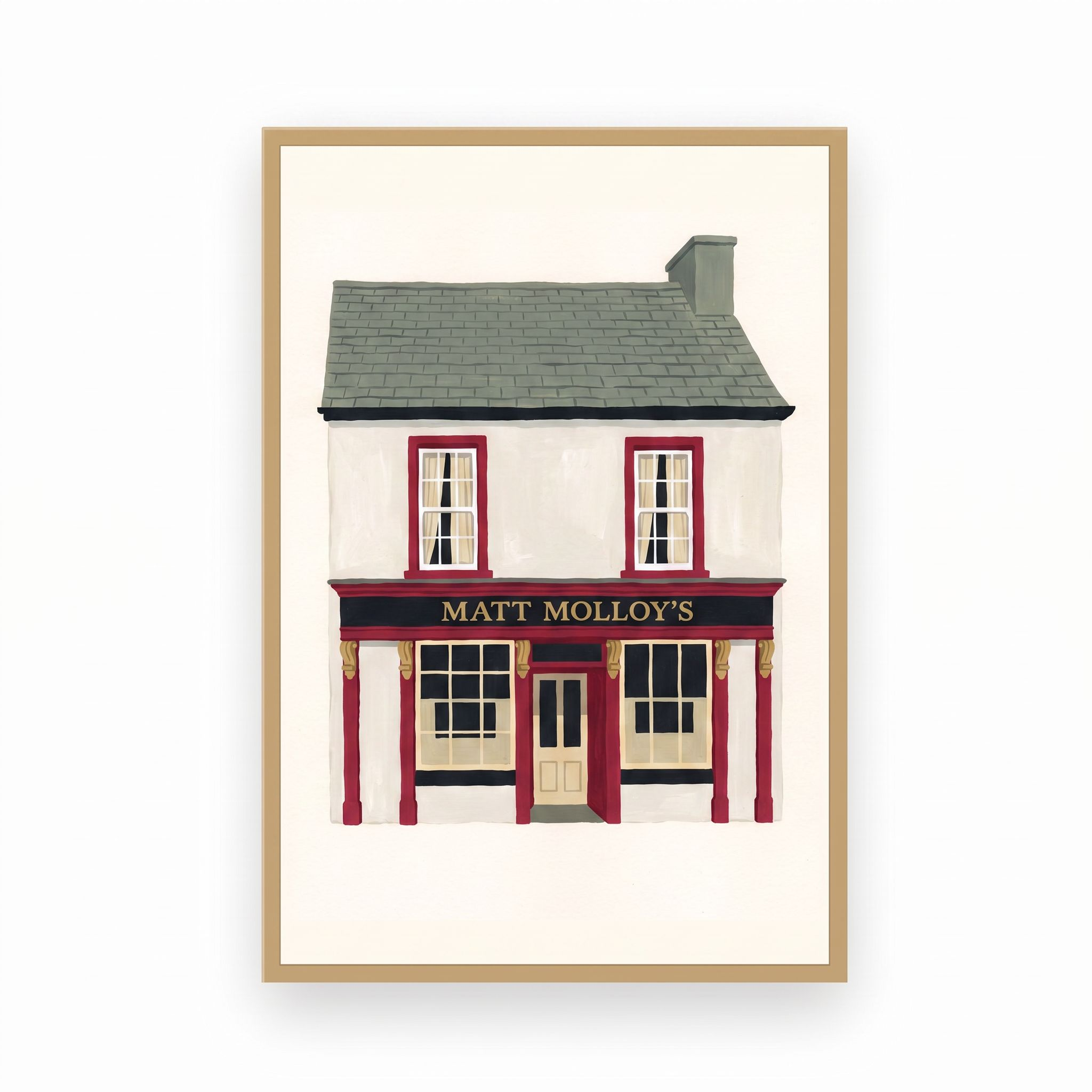 Matt Molloy's Westport pub print in a slim natural oak frame on a plain white background