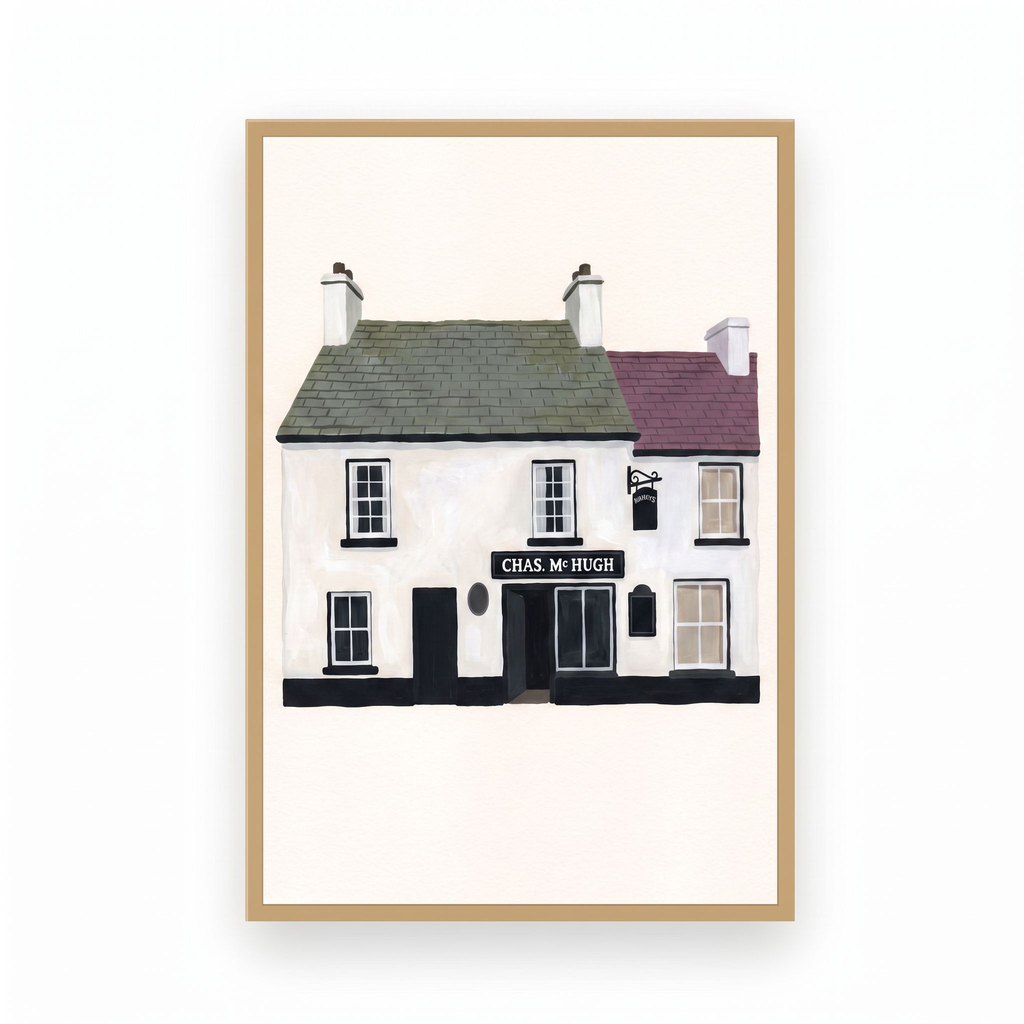 Nancy's Ardara pub print in a slim natural oak frame on a plain white background