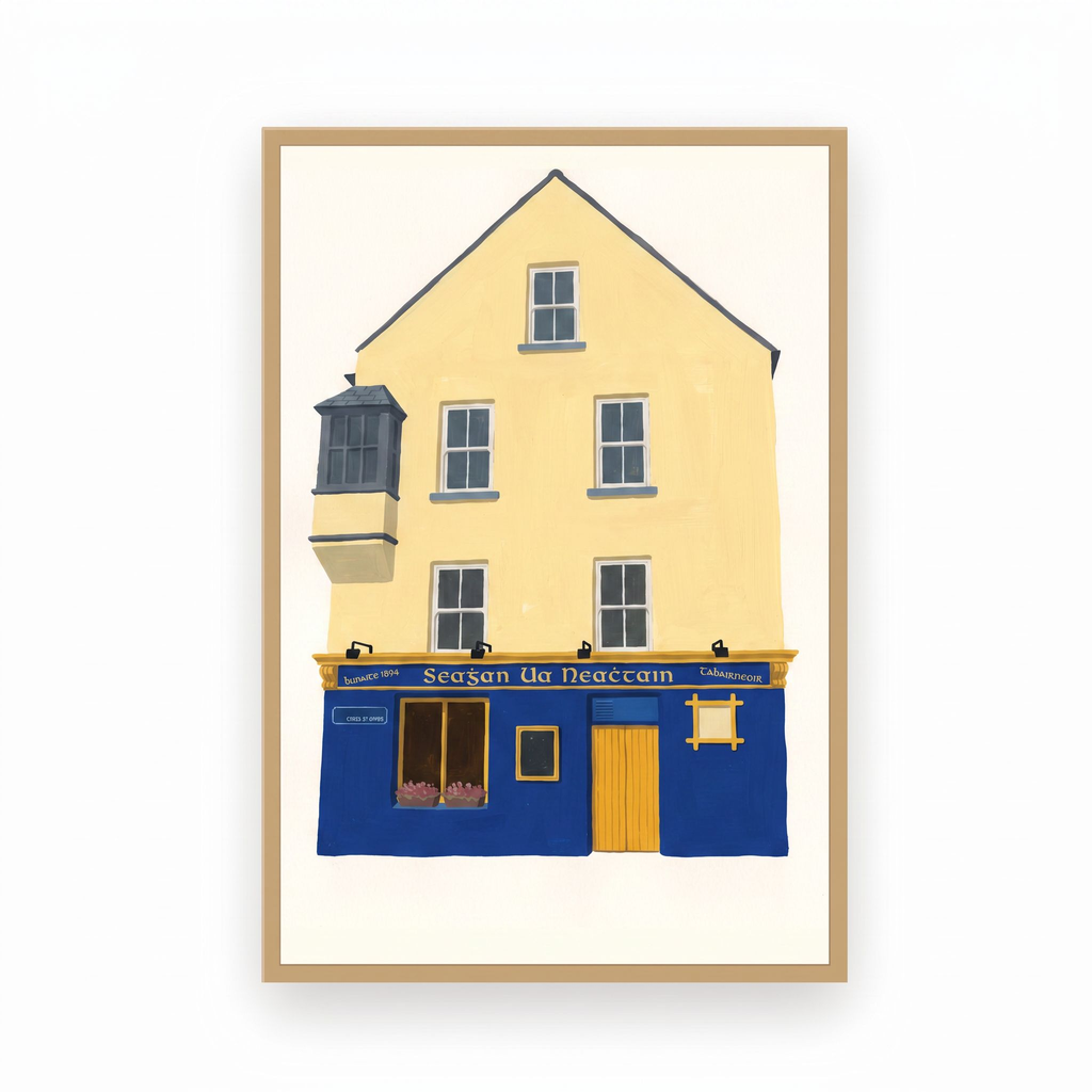 Tigh Neachtáin Galway pub print in a slim natural oak frame on a plain white background
