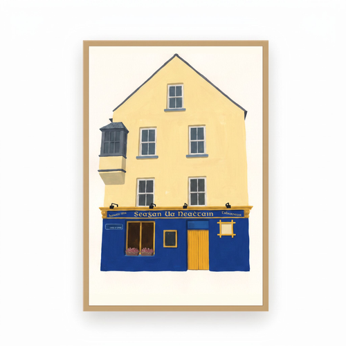 Tigh Neachtáin Galway pub print in a slim natural oak frame on a plain white background